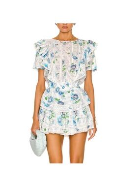 Love Shack Fancy Natasha White Floral Lace Mini Dress with Blue & Green Flowers